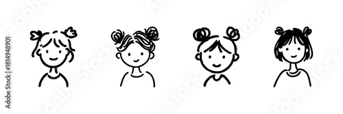 Four Diverse Male Faces With Glasses Line Icon Set In Doodle Style. Character Diversity And Expression Outline Sketch Collection. Hand Drawn Isolated Vector Illustration