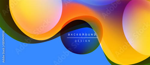 Abstract fluid shapes, vibrant colors blend. Dynamic composition creates modern background design. Bright gradients, smooth transitions visible.