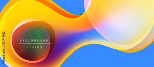 Abstract fluid shapes blend vibrant colors. Orange, yellow, blue create dynamic background design. Smooth gradients offer modern aesthetic.