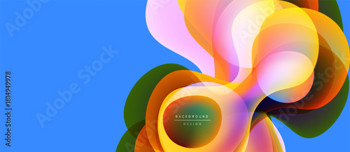 Abstract fluid shapes overlap, creating vibrant color blends. Bright blue background complements dynamic design elements. Modern, energetic composition.