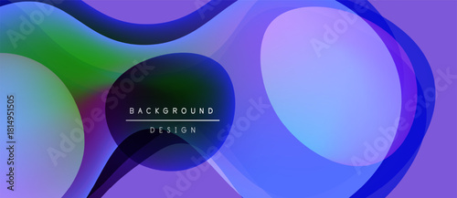 Abstract fluid shapes overlap, creating vibrant color gradients. Purple, blue, green hues dominate design. Modern aesthetic.