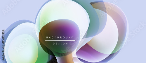 Abstract fluid shapes overlap, creating vibrant color gradients. Soft lighting enhances dynamic composition, modern design aesthetic.