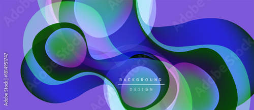 Abstract fluid shapes overlap, creating vibrant color gradients. Purple background complements blues, greens, turquoise. Modern design element.