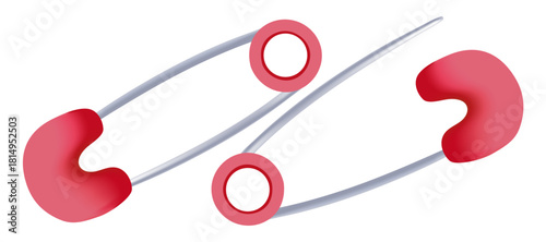 Two red safety pins with their metallic pins extended.