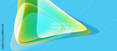 Abstract design features vibrant overlapping shapes. Blue backdrop complements yellow, green gradients. Text reads background design. Modern, clean aesthetic.