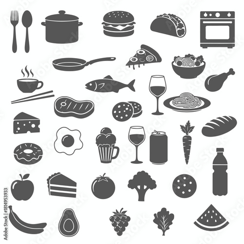 Food and kitchen icons collection in dark gray featuring cooking utensils meals dishes culinary tools and restaurant symbols for dining applications