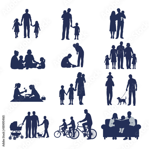 Family and community silhouettes collection in navy blue showing diverse groups parents with children elderly people and multi generational gatherings for social services and family oriented design pr
