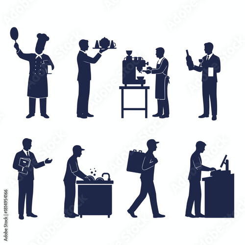 Restaurant and food service worker silhouettes in dark navy blue showing chefs waiters cooking serving and hospitality staff for culinary industry design
