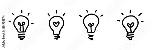Light Bulb Line Icon Set In Doodle Style. Creativity, Innovation, And Inspiration Outline Sketch Collection. Hand Drawn Isolated Vector Illustration