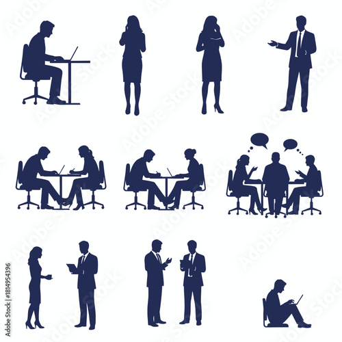 Business meeting and office interaction silhouettes in navy blue depicting professionals in various workplace scenarios including presentations conferences seated discussions and collaborative