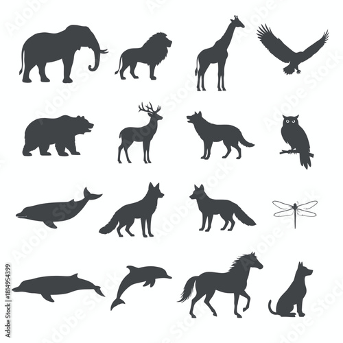 Black silhouette collection of wild animals and birds including elephants lions giraffes bears deer wolves eagles owls and marine mammals for wildlife nature and zoo themed design projects