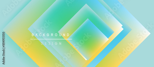 Abstract geometric design. Overlapping diamond shapes blend turquoise, green, yellow hues. Modern background texture, gradient effect. Simple typography present.