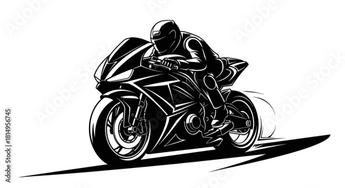 Dynamic motorcycle rider racing on track at high speed black and white.