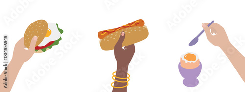 Womens Hands Different Nationalities hold Sandwich Hot dog and Spoon near Soft Boiled Egg in Eggcup. Isolated Vector illustration Food Related content Delivery or Promo Menu Cards, price tag, leaflets