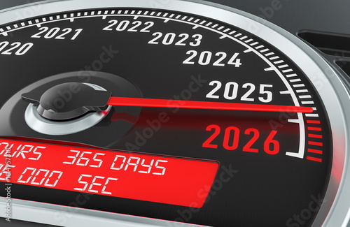 New Year 2026 concept with a speedometer-style gauge. 3D rendering