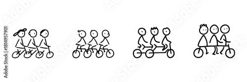 Stick Figure Cyclists Line Icon Set In Doodle Style. Group Cycling, Teamwork, And Outdoor Activity Representation Outline Sketch Collection. Hand Drawn Isolated Vector Illustration