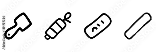 Meat Cleaver, Sausage, Bandage Line Icon Set In Doodle Style. Culinary Tools, Food Preparation, And First Aid Essentials Outline Sketch. Hand Drawn Isolated Vector Illustration