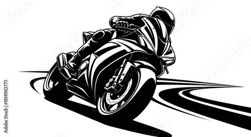 Dynamic monochrome illustration of a motorcyclist racing on a track.