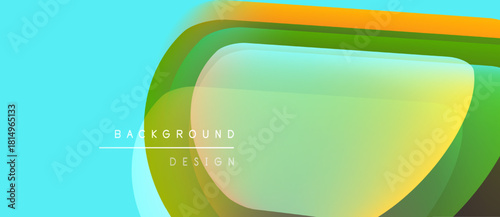 Abstract colorful layers create dynamic visual effect. Smooth gradients blend turquoise, green, orange hues. Minimal text present.