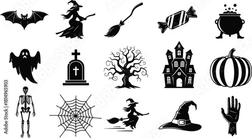 Black and white Christmas icon set, festive symbols, reindeer, snowflakes, ornaments, gifts, sleigh, angel, vector holiday graphic