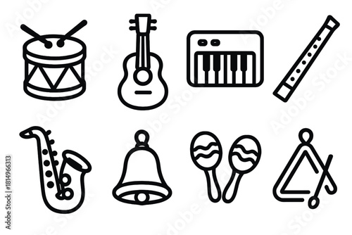 Cheerful Music Icons. Music fun concept linear icon set: small drum, guitar, keyboard, flute, saxophone, bell, maracas, triangle , simple cheerful vibe