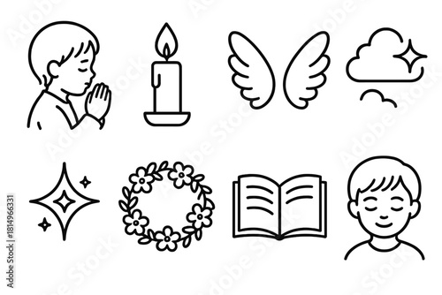 Sacred Childhood Icons. Sacred Childhood linear icon set: praying child, candle flame, angel wings, soft cloud, star glow, flower wreath, open book, peaceful smile