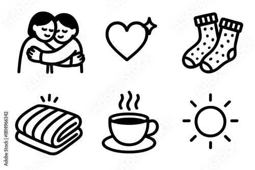 Cozy Hug Icons. Tender Comfort linear icon set : hugging figures, heart spark, fuzzy socks, warm blanket, tea cup, gentle glow