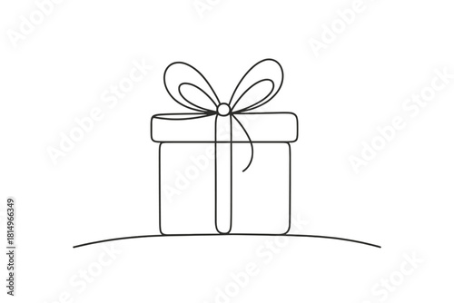 Minimalist Gift Box. Minimalist depiction of a gift box with a bow, created using continuous lines. The box is centered on a slight curve, suggesting a surface. The simplicity of