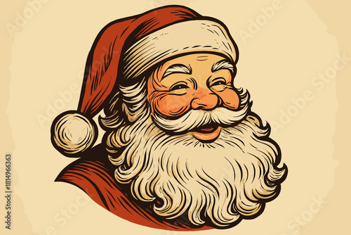 Vintage Santa Illustration. Vintage Santa Claus illustration with a jolly expression, showcasing his iconic red hat and flowing white beard. The design features bold outlines and