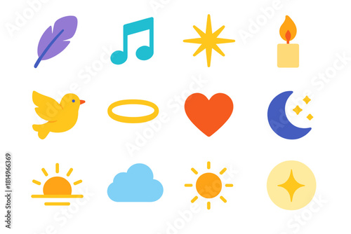 Divine Icons Ensemble. Divine Chorus flat icon set : feather, music note, radiant star, candle flame, dove, halo, heart, moonlight, sunrise glow, soft cloud, glowing aura, gentle