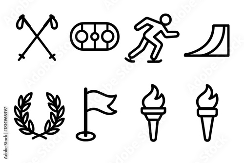 Winter Sports Icons. Cold Season Athletics linear icon set: ski poles, ice rink, hockey puck, speed skater, snowboarding ramp, laurel wreath, competition flag, winter torch