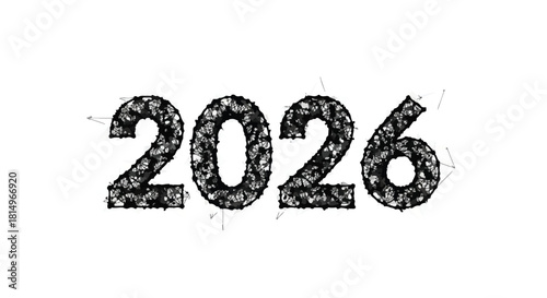 Digital mesh numbers representing the year 2026 on a white background
