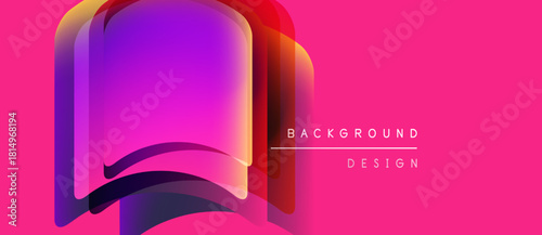 Abstract shapes overlap, creating vibrant color gradients. Pink background complements design elements. Modern aesthetic.