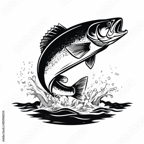 Black and white hand-drawn engraving of a largemouth bass leaping from the water in dynamic motion, perfect for fishing themes, outdoor sports designs, wildlife artwork, and vintage nature prints.