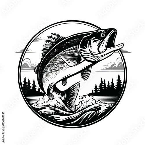 Black and white hand-drawn engraving of a largemouth bass leaping from the water in dynamic motion, perfect for fishing themes, outdoor sports designs, wildlife artwork, and vintage nature prints.