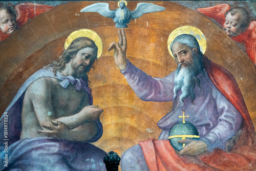 Fresco (19th century) of Representation of the Holy Trinity, Father, Son and Holy Spirit, in the form of a dove.