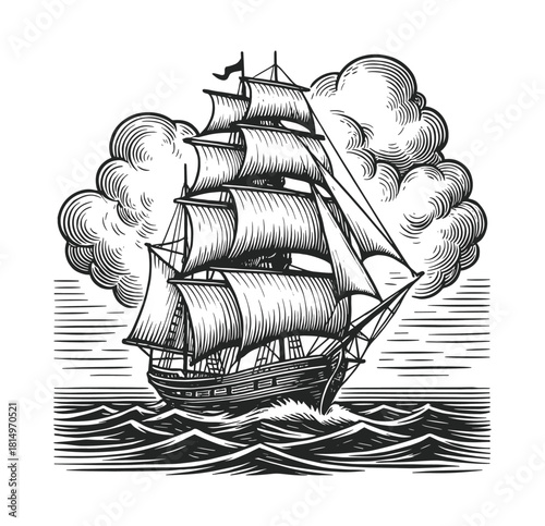 Engraving of Classic Tall Ship on Rough Seas