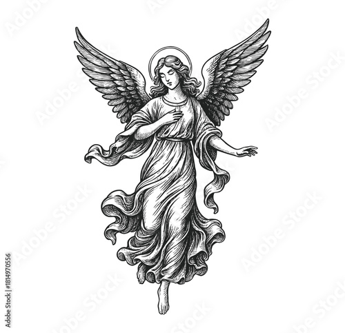 Engraving of Angel with Halo and Wings