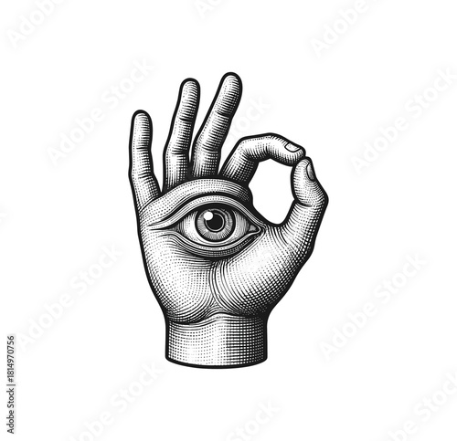 Engraving of Surreal Hand With All-Seeing Eye