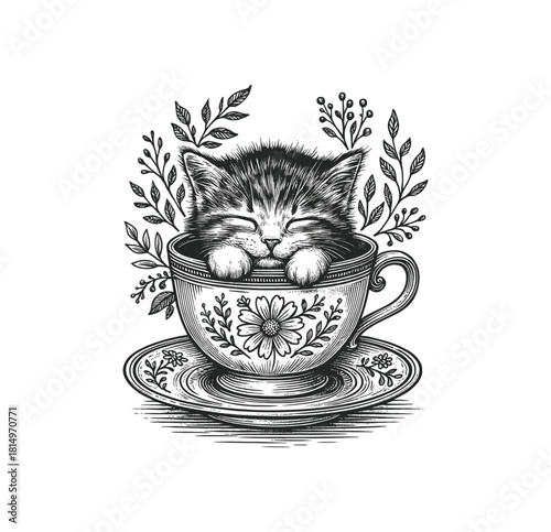 Engraving of Cute Kitten Sleeping in Floral Teacup