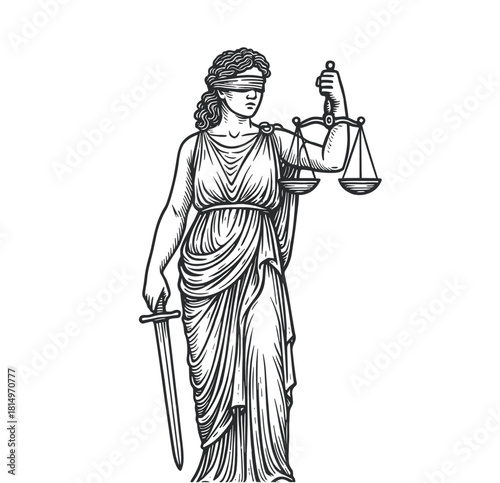 Engraving of Lady Justice Holding Scales and Sword