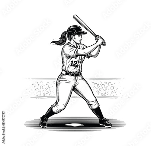 Engraving of Female Baseball Player at Bat