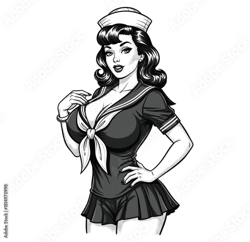 Engraving of Retro Sailor Pin-Up Girl