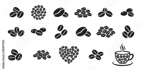 A set of stencils with expressive coffee bean silhouettes for crafts and decor. Vector illustration on a transparent background.
