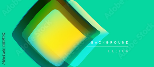 Abstract geometric shapes overlap, creating vibrant gradients. Turquoise background complements yellow, green hues. Modern design element.