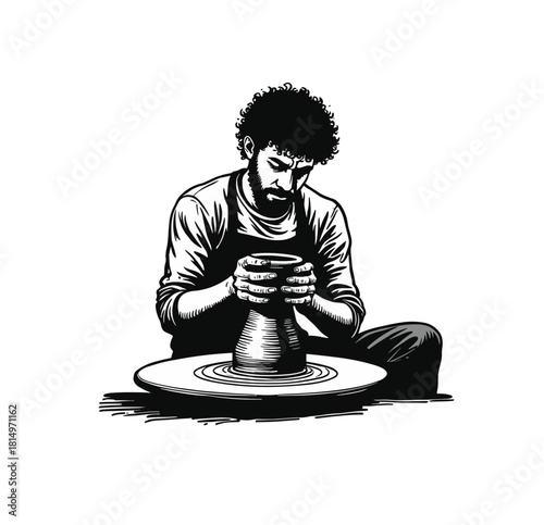 Engraving of Potter Shaping Clay on Wheel