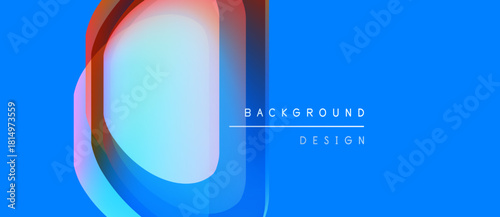 Abstract blue design features layered translucent shapes. Gradient colors create dynamic visual effect. Minimalist text reads background design.