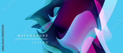 Abstract fluid shapes overlap, creating vibrant color gradients. Blue background complements purple, pink hues. Modern design element.