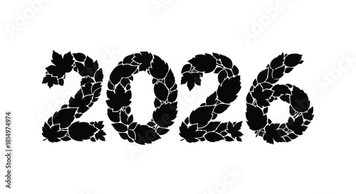 Numbers 2026 composed of dark green leaves on a white background