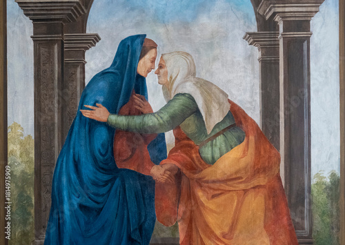 Tableau sur toile Fresco (19th century) of Visitation of the Virgin Mary to her pregnant cousin Elizabeth